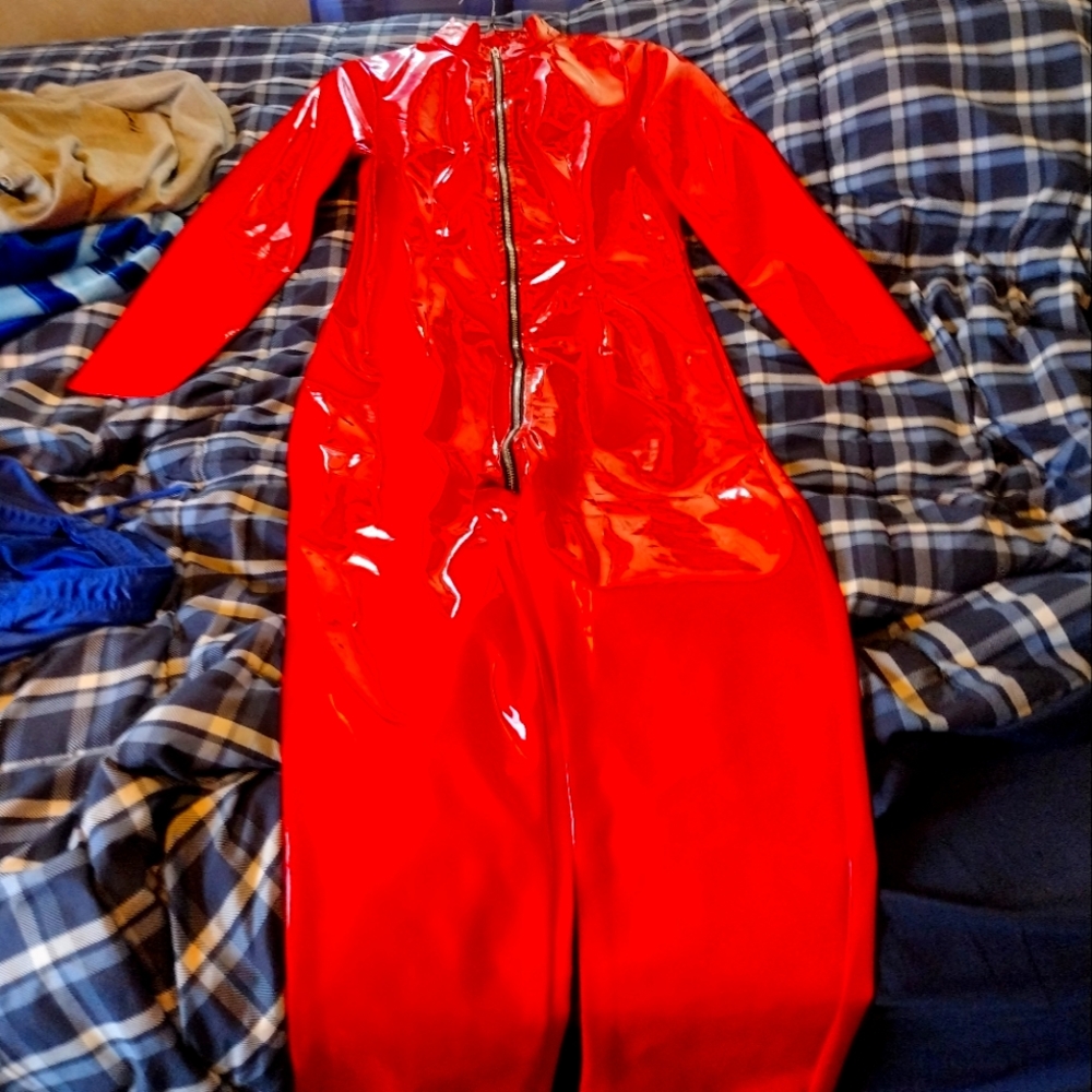 Red PVC catsuit
